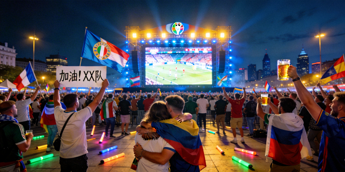 众多球迷在公共屏幕前观看欧洲足球联赛直播的盛大场面